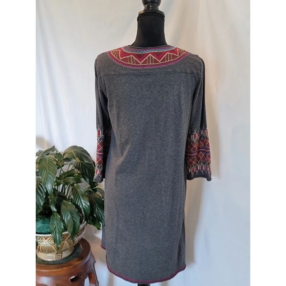Johnny Was Gray Embroidered Boho V-Neck‎ Tunic Dress 3/4 Sleeve Small